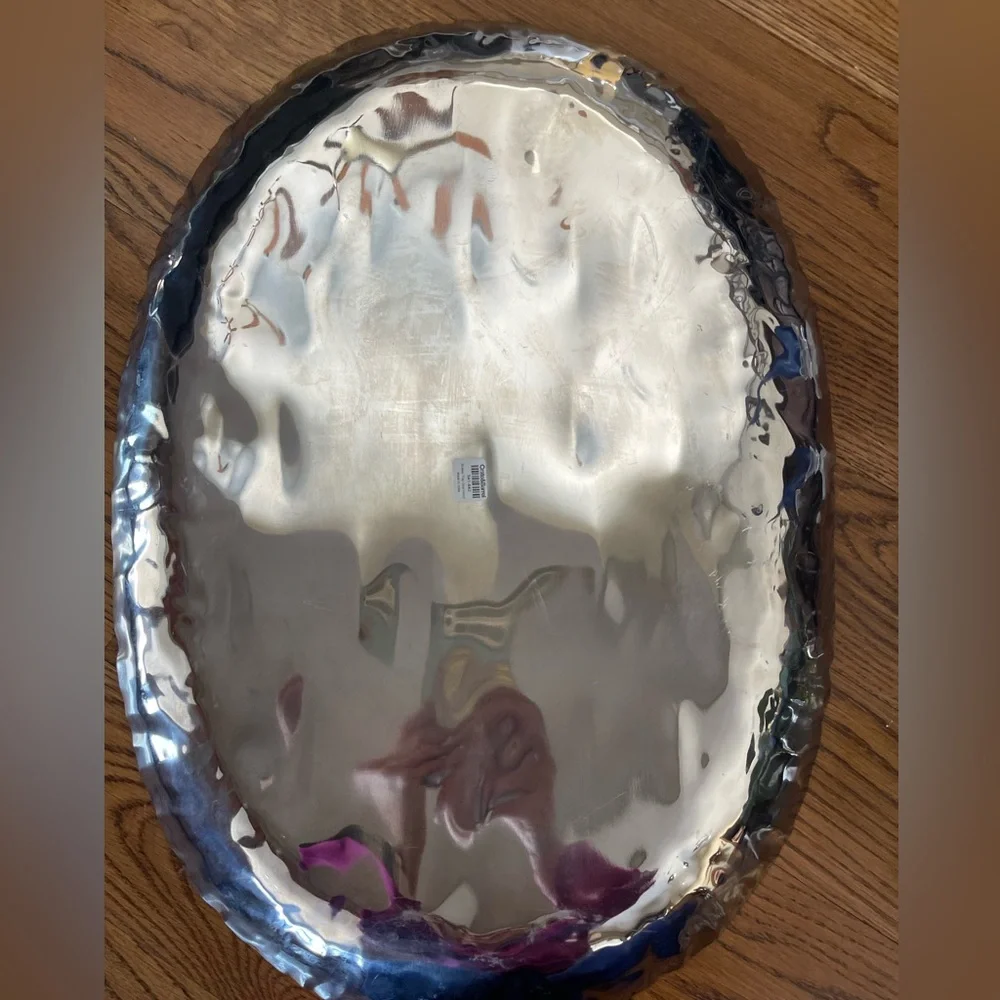 Crate & Barrel Stainless Steel Hammered Oval Serving Tray Platter